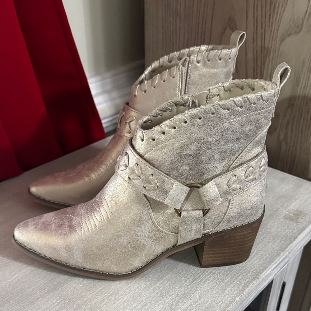 Women’s Metallic Beige Ankle Booties with Western Detail